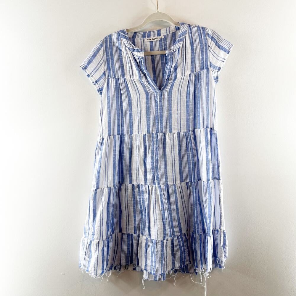 Roller Rabbit Short Sleeve Tiered Striped Mini Tunic Dress Sundress Blue White
